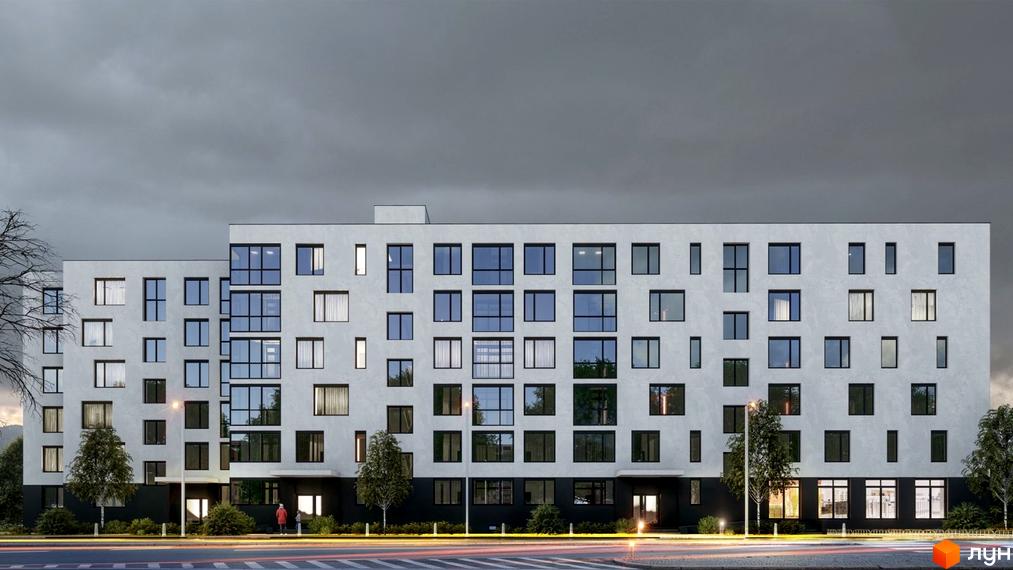 Зображення фасаду будинку Житловий комплекс Вулецька/Горішній 2 з великою кількістю вікон та прибудинковою територією з деревами та ліхтарями.