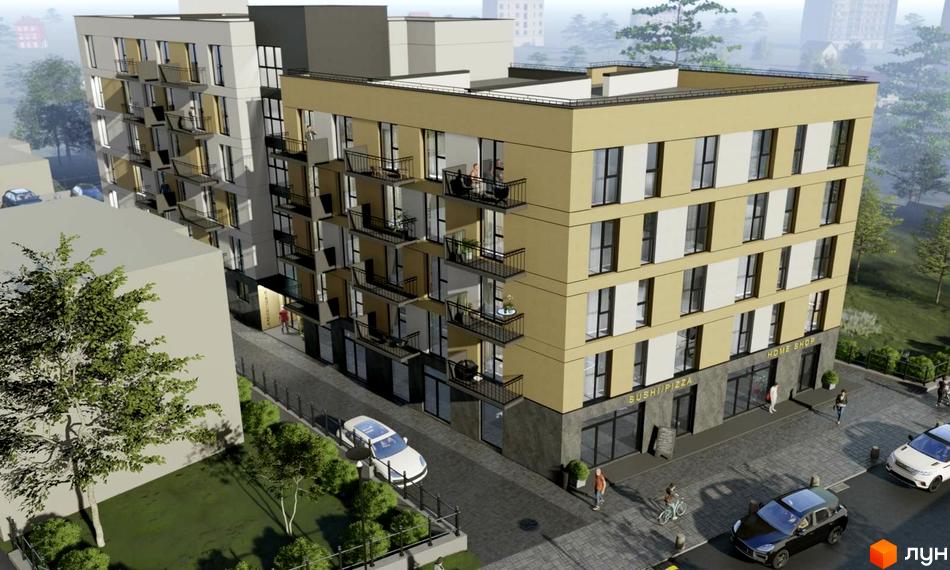 Житловий комплекс на Білогірській: фасади будівель з балконами та вікнами, прибудинкова територія з деревами та автомобілями.