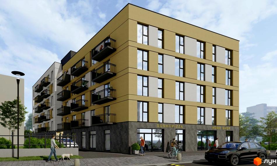 Житловий комплекс на Білогірській: фасади з балконами та комерційними приміщеннями, прибудинкова територія з пішохідною зоною та автомобілем.