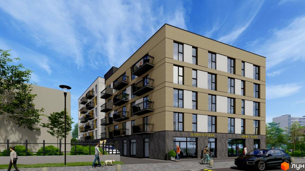 Новобудова ЖК на Білогірській з балконами та вікнами, що виходять на вулицю з пішоходами та автомобілями.