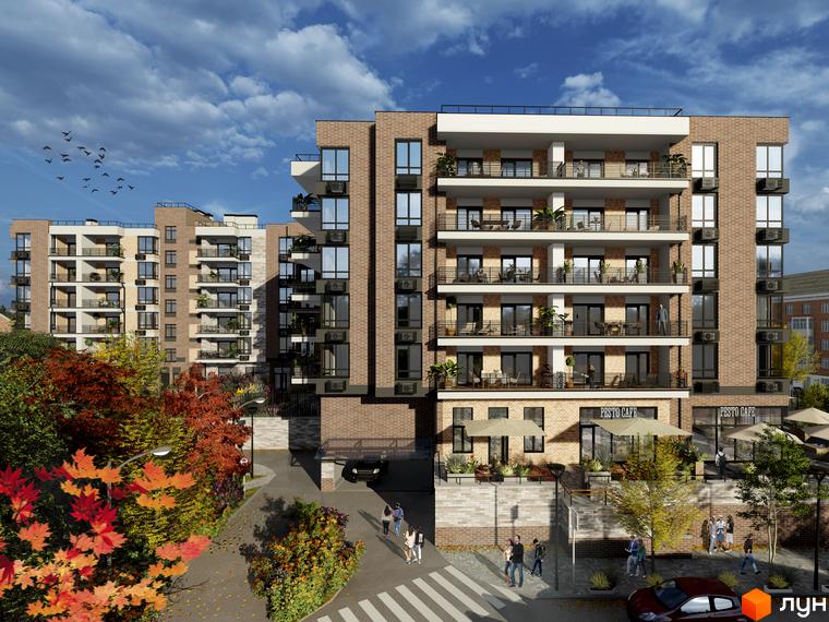 Житловий комплекс CENTRAL PARK - цегляні будинки з балконами та терасами, зелена прибудинкова територія з зонами відпочинку та кафе.