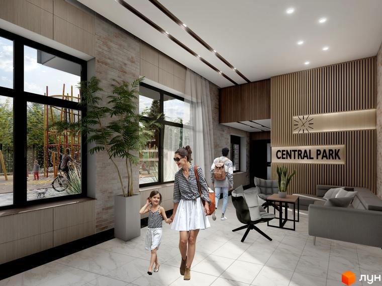 Житловий комплекс CENTRAL PARK. Сучасний дизайн вхідної групи з великими вікнами, що виходять на дитячий майданчик та зелену зону.