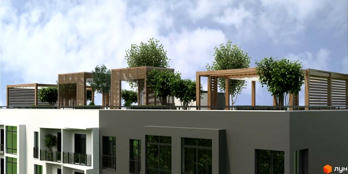 Житловий комплекс Сонячна Долина. На даху будинку розташовані дерев'яні перголи та зелені насадження.