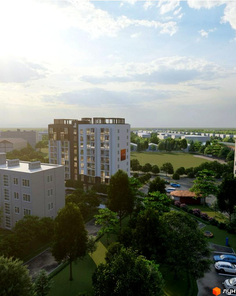 Житловий комплекс Сонячна Долина: сучасні багатоповерхові будинки з панорамними вікнами та зеленою прибудинковою територією з парковкою.