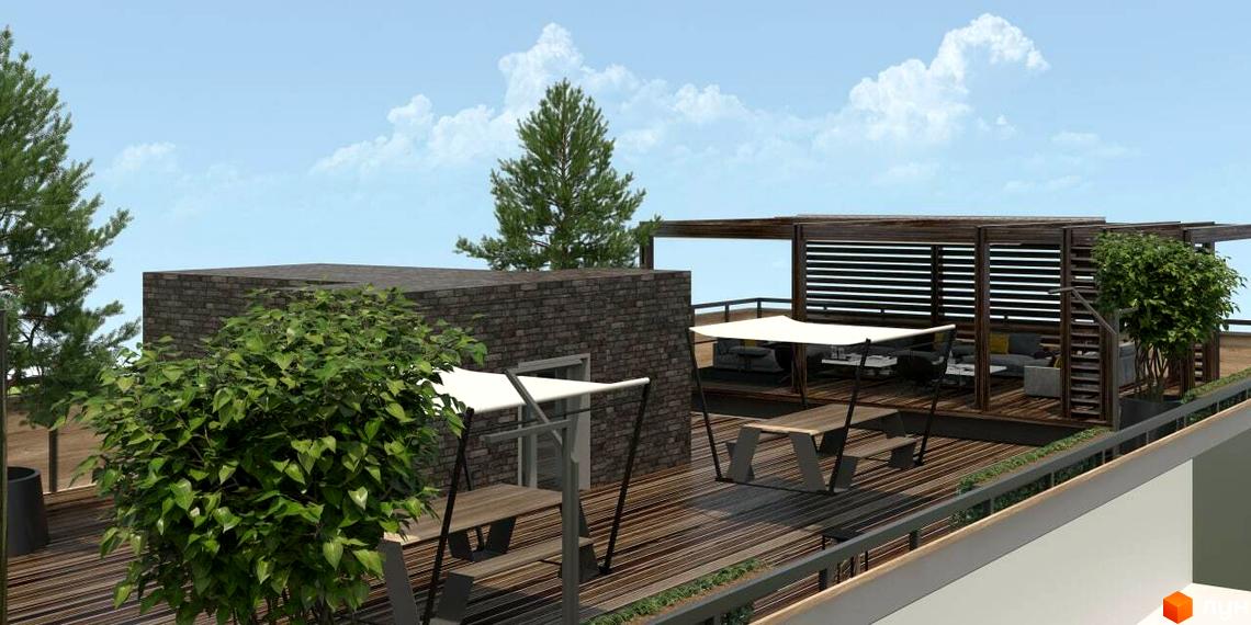 Тераса житлового комплексу Сонячна Долина з зонами відпочинку та озелененням. Відкритий простір з дерев'яним настилом та перголами.