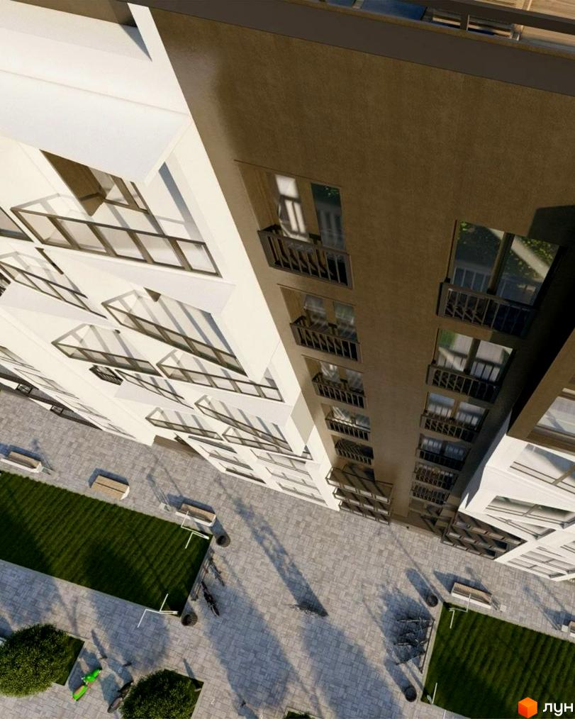 Новобудова Сонячна Долина. Вигляд зверху на багатоповерховий будинок з вікнами та балконами, а також прибудинкову територію з газонами та доріжками.