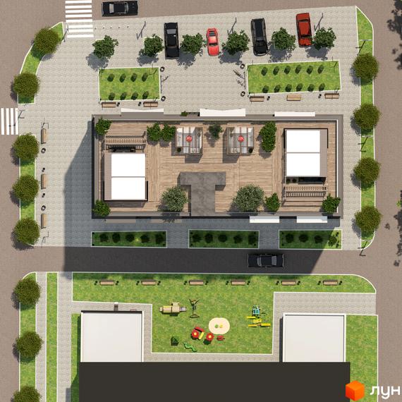 Вид зверху на Новобудову Сонячна Долина з облаштованою терасою на даху. Прибудинкова територія включає паркінг, зелені зони та дитячий майданчик.