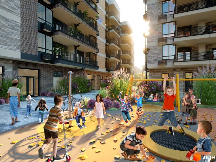 Житловий комплекс CENTRAL PARK з дитячим майданчиком та дітьми, що граються на території. Сучасна архітектура та зелена зона.