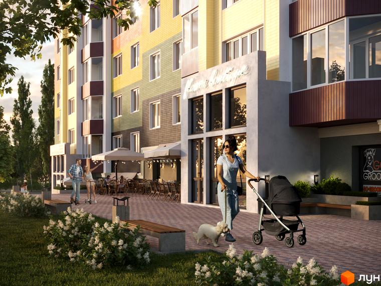 Житловий комплекс Всі Свої: фасади будівель з різнокольоровою плиткою, вікна, балкони та прибудинкова територія з місцями для відпочинку та прогулянковою зоною.