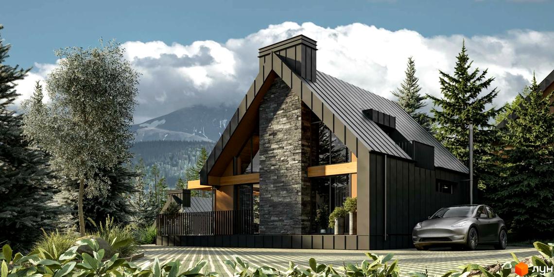 Зображення будинку в Котеджному містечку SKOGUR з сірою обшивкою та кам'яним димарем, оточеного деревами та зеленню.