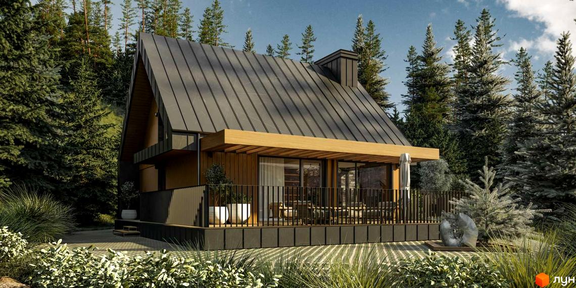 Зображення будинку в Котеджному містечку SKOGUR з великим дахом та терасою. Навколо будинку зелені насадження та дерева.