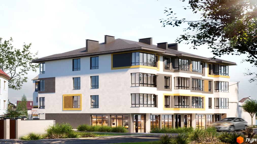 Житловий комплекс ЖК на Конюшківській – це сучасна новобудова з великими вікнами та балконами, що виходить на зелену прибудинкову територію.