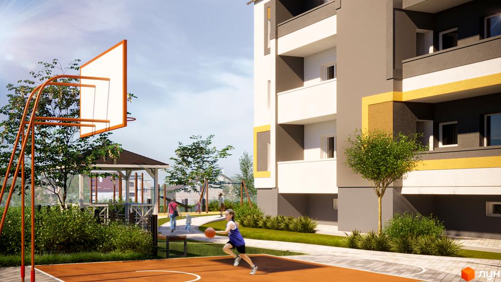 Житловий комплекс на Конюшківській: фасади будівель з балконами та прибудинкова територія з баскетбольним майданчиком та зоною відпочинку.