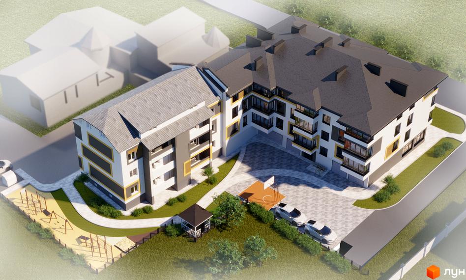 Житловий комплекс на Конюшківській. Зовнішній вигляд будівлі з сірим дахом та білими фасадами, прибудинкова територія з дитячим майданчиком та парковкою.