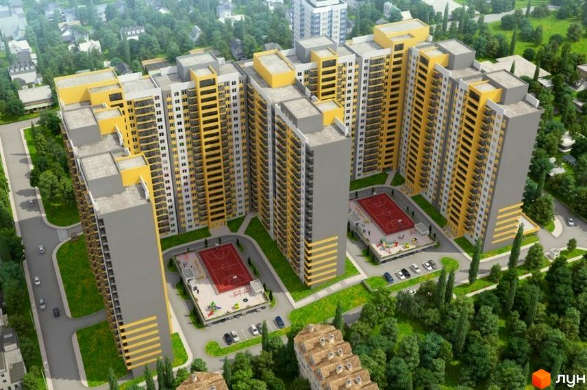 Житловий комплекс Михайловский городок з жовто-сірими фасадами та прибудинковою територією з баскетбольними майданчиками.