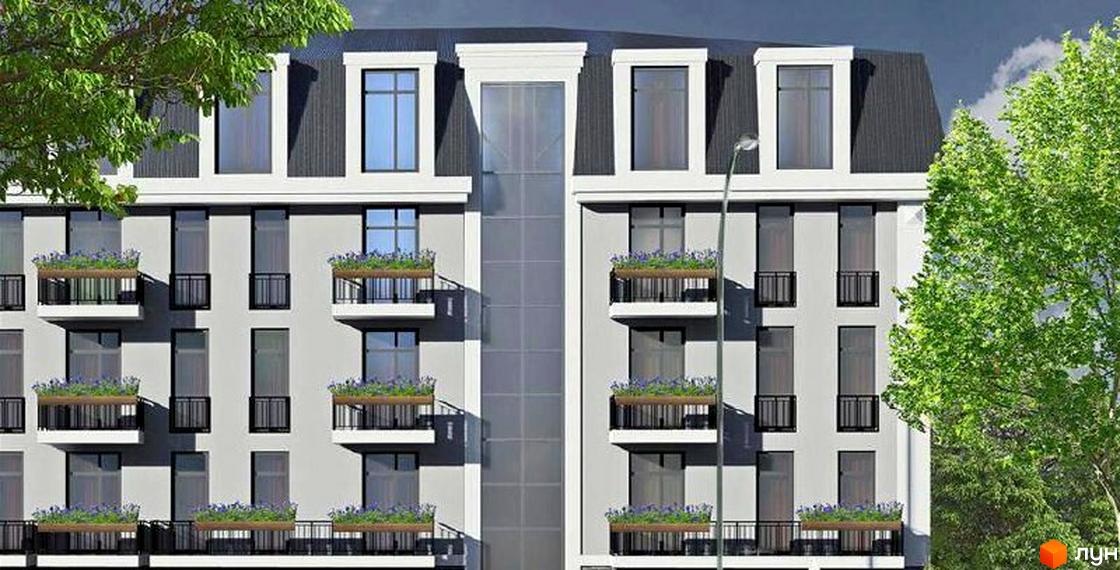 Зображення фасаду багатоповерхового будинку з балконами, на яких розміщені вазони з квітами. Поруч зелені дерева.