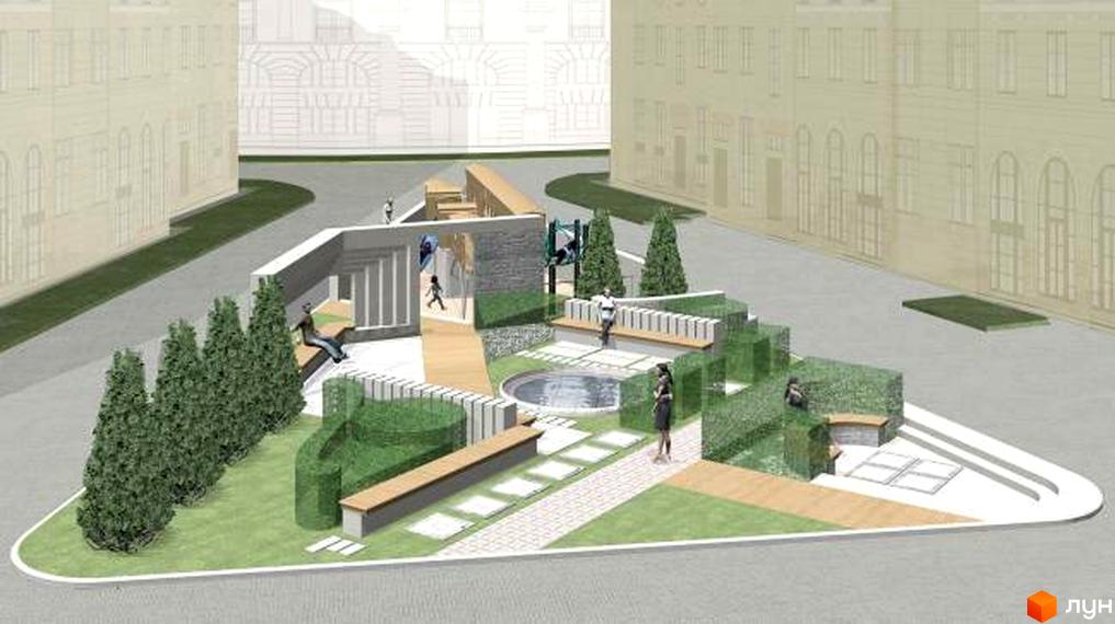 Візуалізація житлового комплексу з архітектурними елементами та благоустроєм прибудинкової території, включаючи ландшафтний дизайн з деревами та лавками.