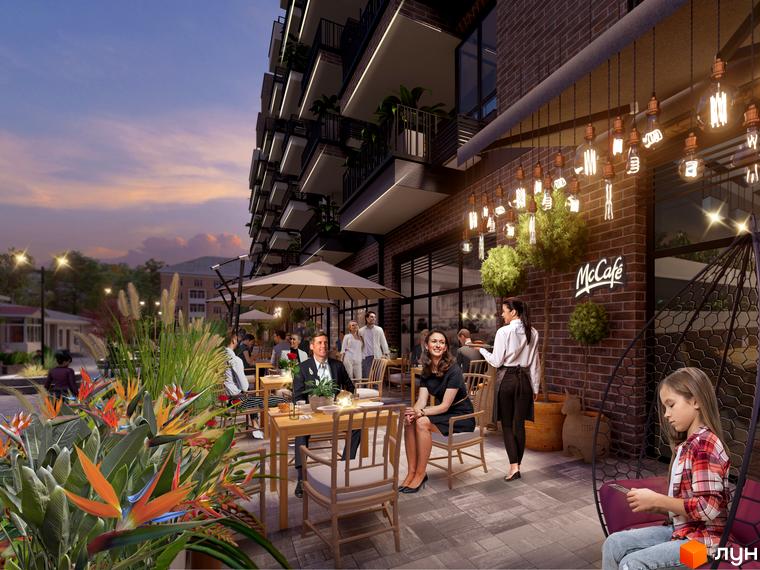 Житловий комплекс CENTRAL PARK з терасою та зонами відпочинку. Сучасна архітектура та зелені насадження створюють комфортне міське середовище.