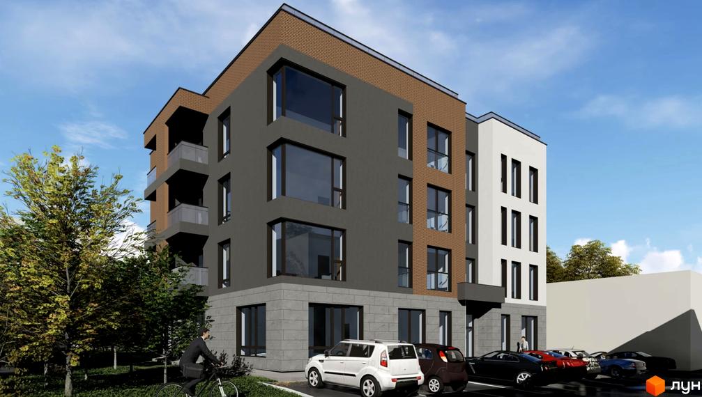 Житловий комплекс Над Озером: багатоповерховий будинок з темно-сірим фасадом, цеглою та великими вікнами. Територія має зелені насадження та парковку.