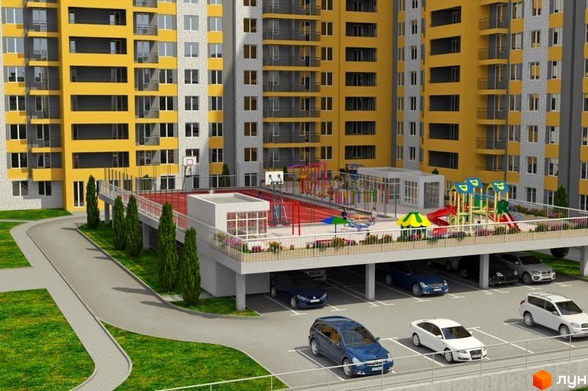 Житловий комплекс Михайловский городок: жовті та сірі фасади будівель, дитячий майданчик та спортивна зона на даху, підземний паркінг.