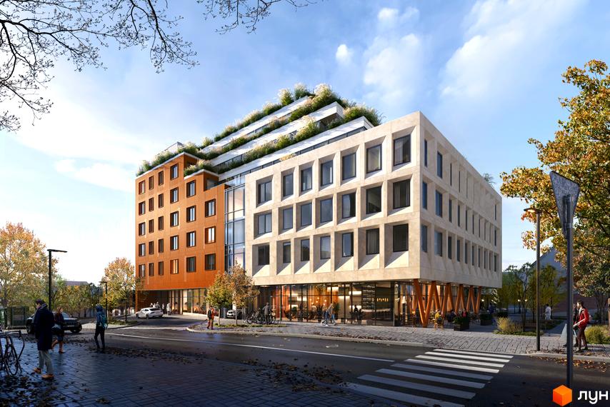 Апарт-комплекс Smart House з терасами та зеленню на даху, розташований біля дороги з пішохідним переходом.