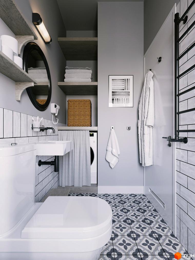 Сучасний дизайн ванної кімнати з білою плиткою, сірими акцентами та функціональним оздобленням. Відкриті полиці з рушниками та дзеркалом створюють затишок.