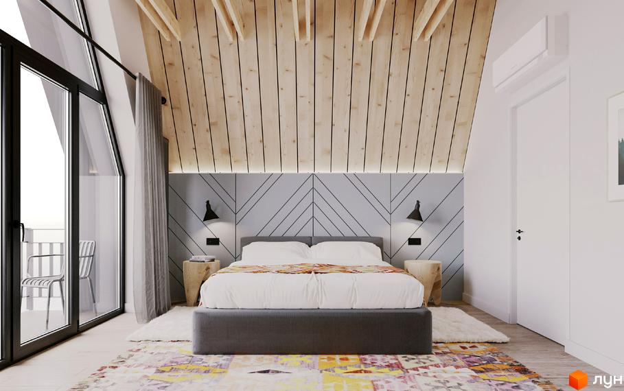 Спальня в AMA FAMILY RESORT з дерев'яною стелею та великим вікном з виходом на балкон. Сучасний дизайн інтер'єру.