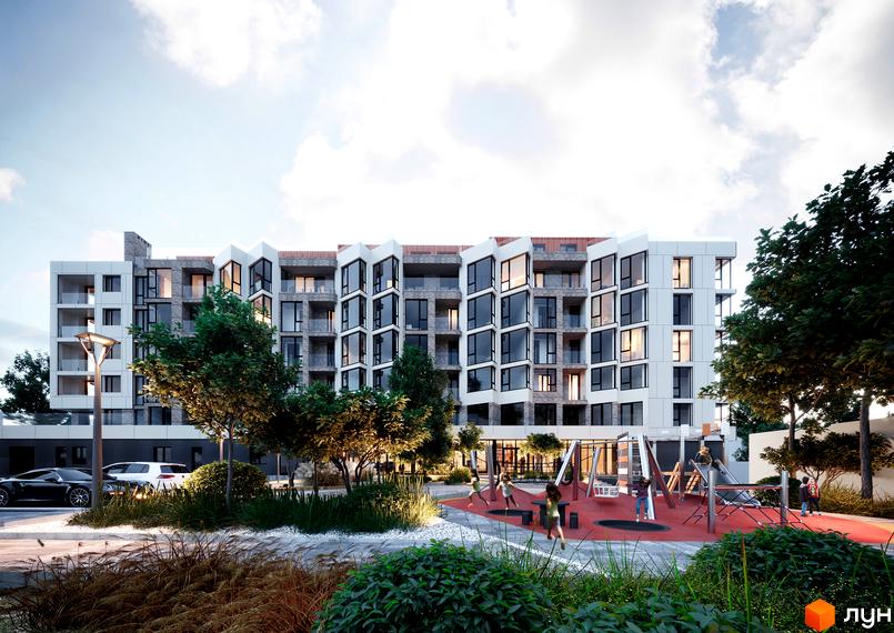 Зображення фасаду та прибудинкової території Житлового комплексу 111 Зелена. На території є дитячий майданчик та зелені насадження.