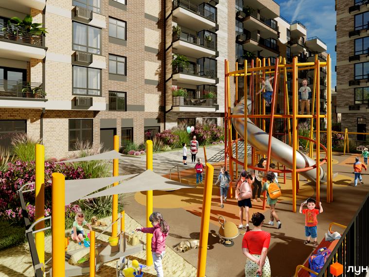 Житловий комплекс CENTRAL PARK: фасади будинків з цегляним оздобленням та дитячий майданчик з гіркою і пісочницею.
