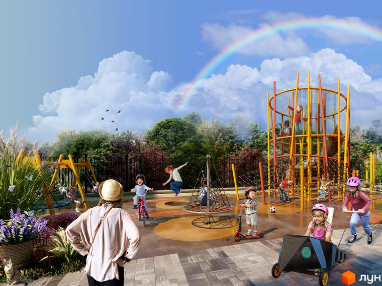 Дитячий майданчик біля новобудови ЖК CENTRAL PARK з дітьми, що граються, та веселкою на небі. Затишна прибудинкова територія для сімейного відпочинку.
