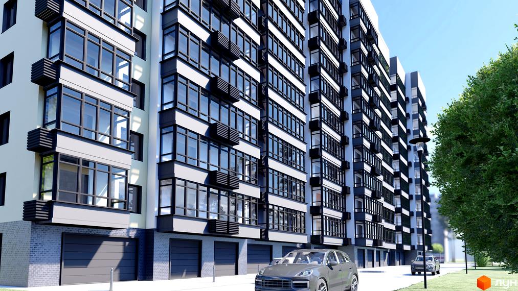 Житловий комплекс Домашній 2. Фасад новобудови з великою кількістю вікон та балконів, заїзд до паркінгу, зелена зона та ліхтар.