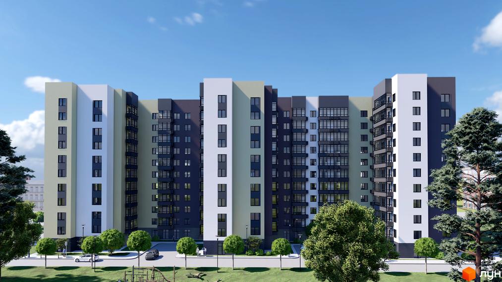 Зовнішній вигляд житлового комплексу Домашній 2 з різнокольоровими фасадами та скляними балконами. Прибудинкова територія з деревами та дитячим майданчиком.