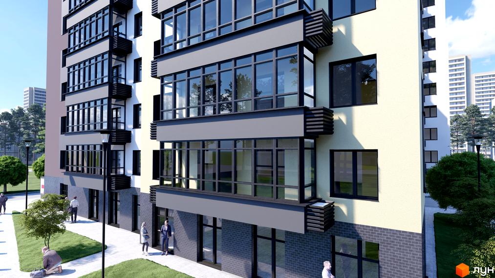 Зовнішній вигляд новобудови ЖК Домашній 2 з панорамними вікнами та балконами, прибудинкова територія з зеленими насадженнями та пішохідними доріжками.