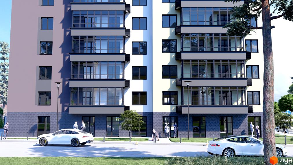 Зовнішній вигляд будинку ЖК Домашній 2 з фасадами та балконами, прибудинкова територія з автомобілями та людьми.