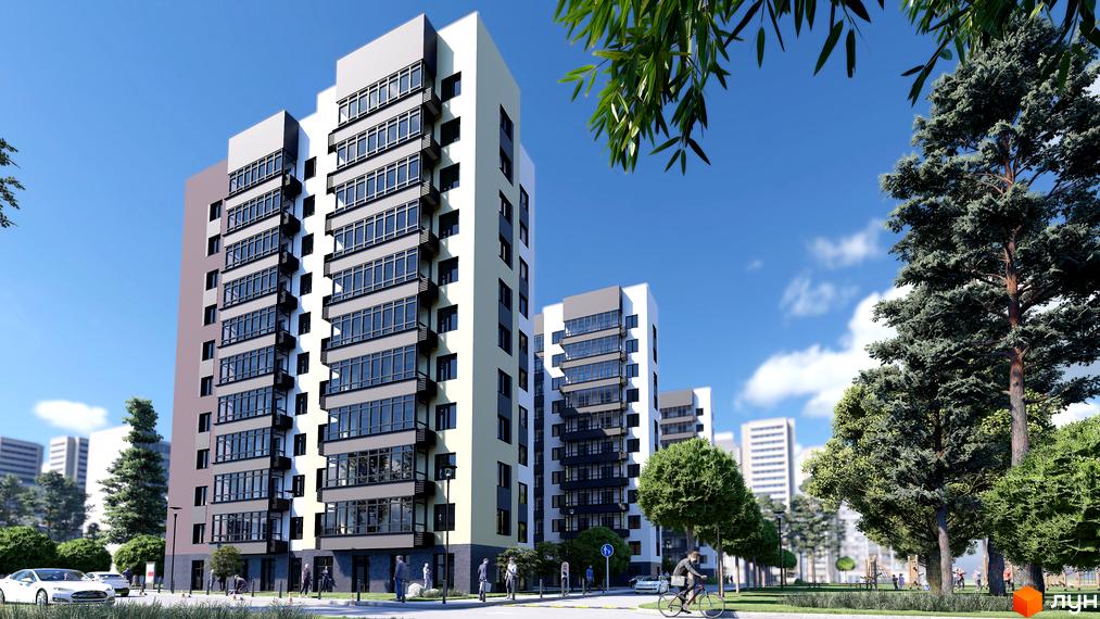 Житловий комплекс Домашній 2: висотні будинки з панорамними вікнами та заскленими балконами, зелена прибудинкова територія з деревами та пішохідними доріжками.