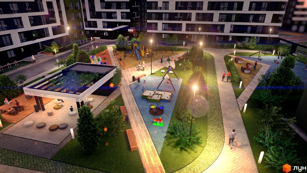 Зображення двору Житлового комплексу FREEDOM з дитячим майданчиком та місцями для відпочинку. Вигляд на житлові будинки.