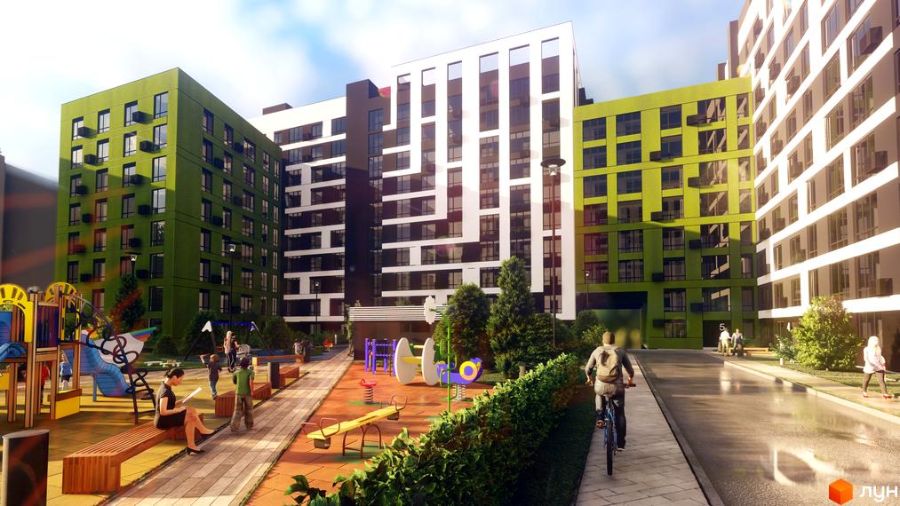 Зображення Житлового комплексу FREEDOM з кольоровими фасадами та дитячим майданчиком. На передньому плані алея з лавками та зелені насадження.