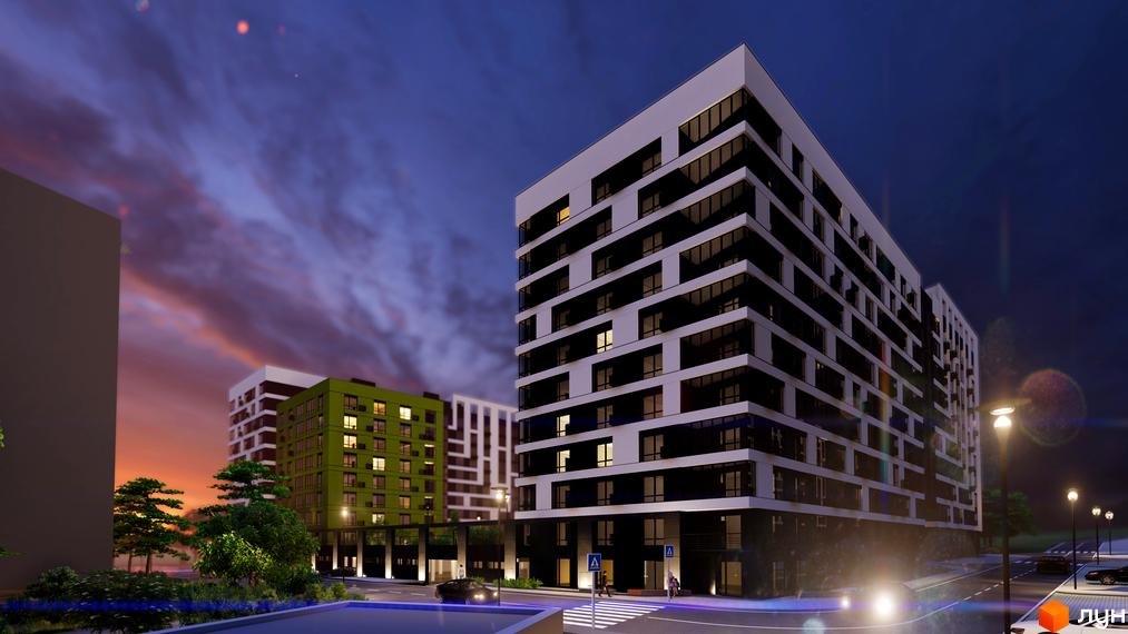 Зображення фасаду та прибудинкової території ЖК FREEDOM вночі. Багатоповерхівка з великими вікнами та освітленням навколо.