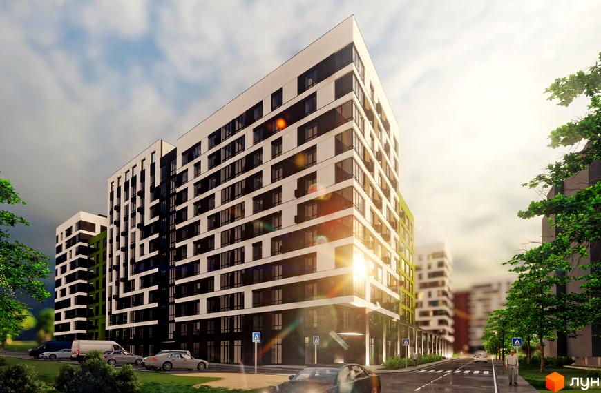 Будівельний проєкт FREEDOM - це сучасна багатоповерхова новобудова з панорамними вікнами та яскравим фасадом. Територія навколо комплексу озеленена деревами, є місця для паркування автомобілів.