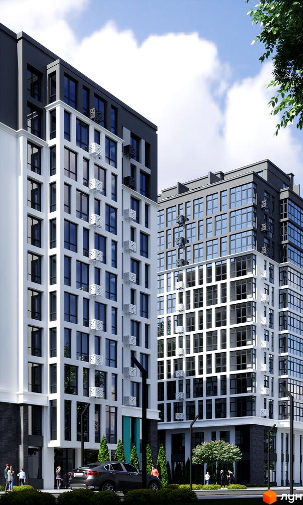 Житловий комплекс Smart City 2 з біло-сірими фасадами та скляними балконами. Перед будинком розташовані зелені насадження та автомобіль.