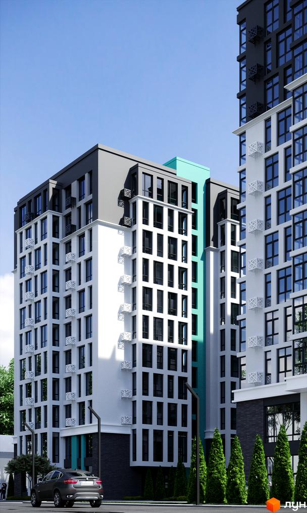 Житловий комплекс Смарт Сіті 2 - сучасна архітектура з білими фасадами, панорамними вікнами та зеленими насадженнями. Зовнішній вигляд будинку та прибудинкова територія.