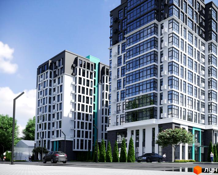 Новобудова ЖК Смарт Сіті 2 з біло-сірими фасадами та скляними балконами. Поруч зелені насадження та прибудинкова територія.