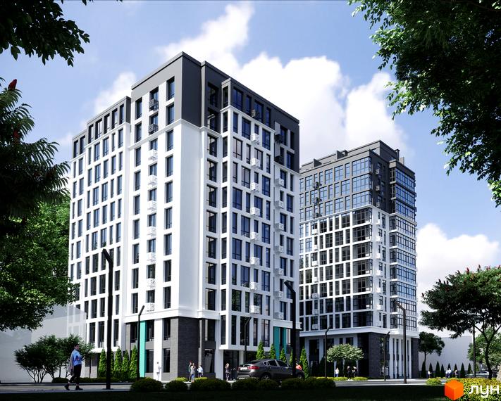 Житловий комплекс Смарт Сіті 2 - це сучасна новобудова з білими та темними фасадами, великою кількістю вікон та зеленою прибудинковою територією.