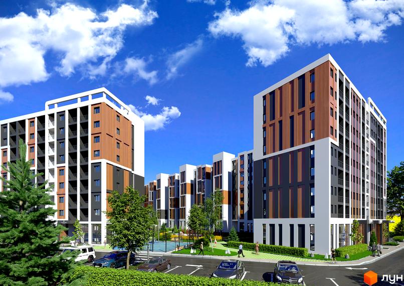 Житловий комплекс КЕЛЬЦЕ з фасадами з дерев'яних панелей та балконами. На прибудинковій території розташовані дерева, дитячий майданчик та парковка.