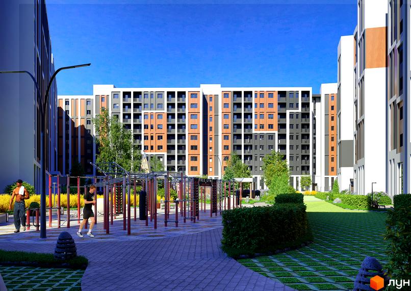 Житловий комплекс КЕЛЬЦЕ з багатоповерховими будинками та зоною для тренувань на прибудинковій території. Зелені насадження та сучасне планування двору.