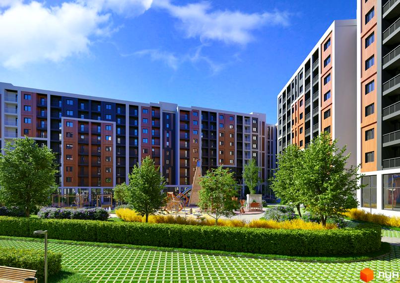 Житловий комплекс КЕЛЬЦЕ з фасадами в коричневих та сірих тонах. На прибудинковій території розташований дитячий майданчик та зелені насадження.