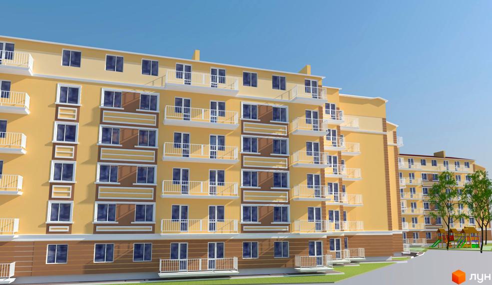 Зовнішній вигляд багатоповерхового житлового комплексу Новий Люстдорф з балконами та вікнами. На прибудинковій території видно дитячий майданчик та дерева.