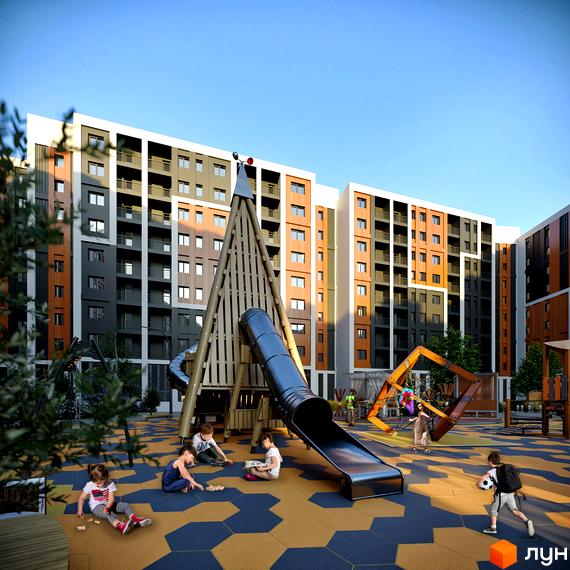 Житловий комплекс КЕЛЬЦЕ з дитячим майданчиком. Сучасна архітектура будівель та облаштована прибудинкова територія для відпочинку дітей.