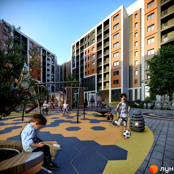 Житловий комплекс КЕЛЬЦЕ з дитячим майданчиком та елементами благоустрою. Сучасна архітектура будівель та доглянута прибудинкова територія.