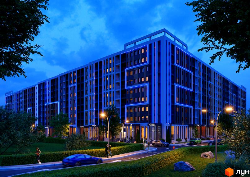 Зовнішній вигляд житлового комплексу КЕЛЬЦЕ з синьою підсвіткою фасаду та прибудинкова територія з деревами та дорогою.